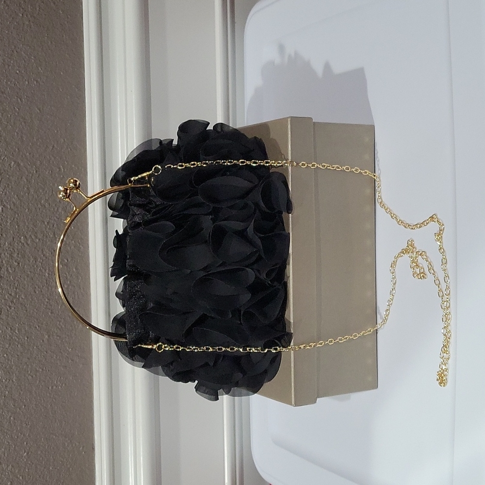 SOLD Black Ruffled Handbag with gold handles and chain - Picture 7 of 9